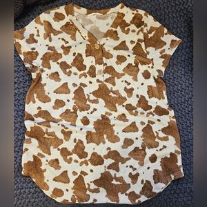 Brown and White Cow Print Button Top